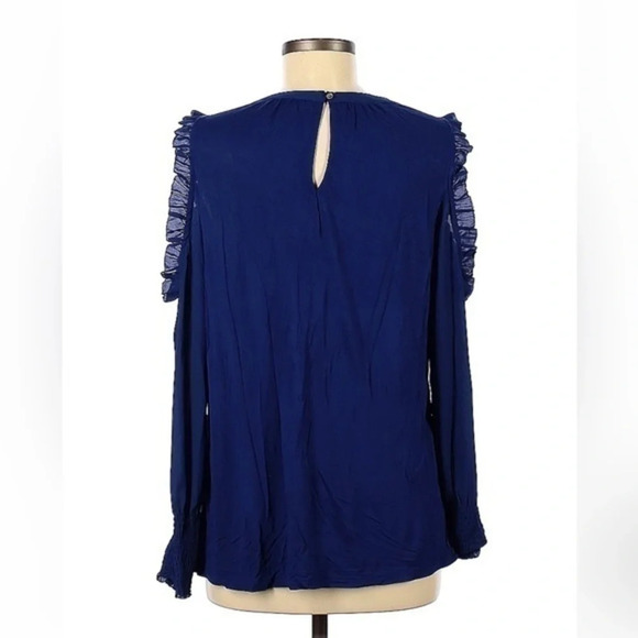 Ann Taylor LOFT Cobalt Blue Ruffle Cold Open Shoulder Long Sleeve Blouse Size M - Picture 4 of 6